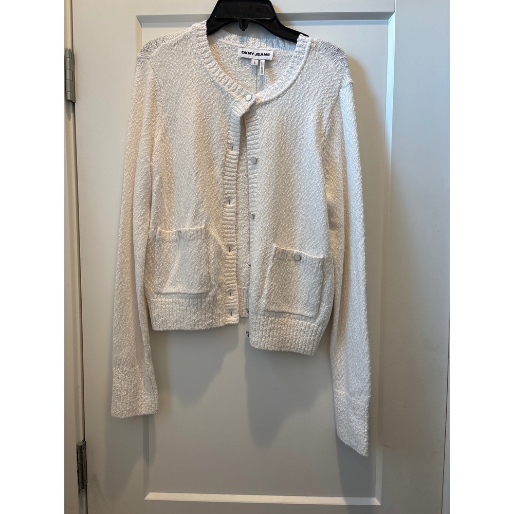DKNY Jeans Womens White Textured 100% Cotton Button Front Cardigan Sweater Small - Picture 2 of 8